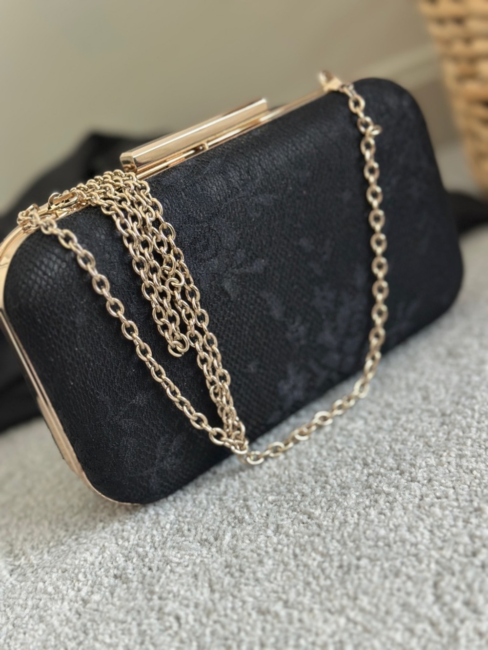 ALDO Black gold Lace Snap Top Clutch Cross Shoulder New Without Tag